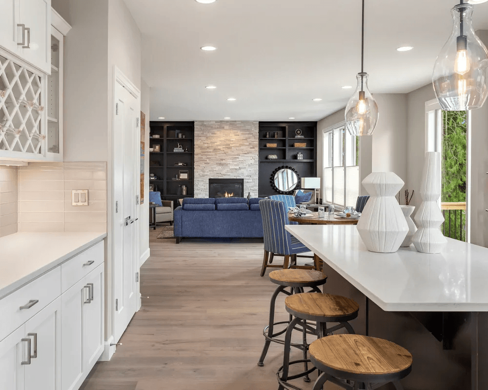 Wood flooring in an open-plan kitchen and living room